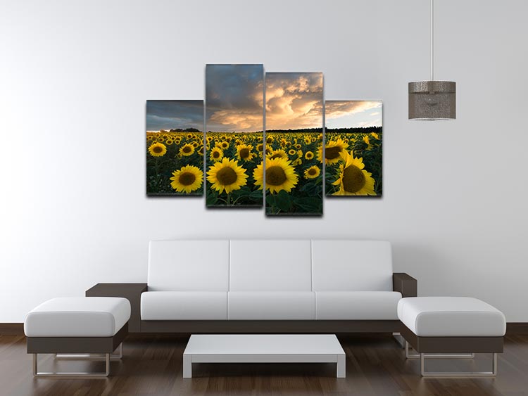 A vibrant 4-panel canvas artwork featuring sunflowers in a scenic Swedish landscape, showcasing bright colors and intricate details.
