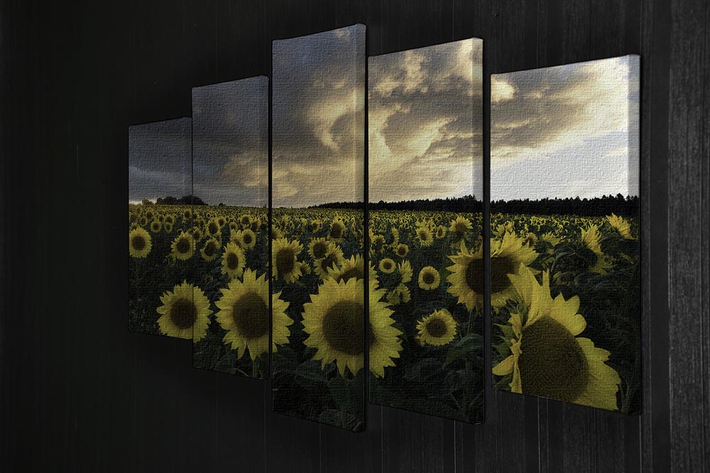 A vibrant 5-panel canvas artwork featuring sunflowers, beautifully arranged to create a cohesive and dynamic display.