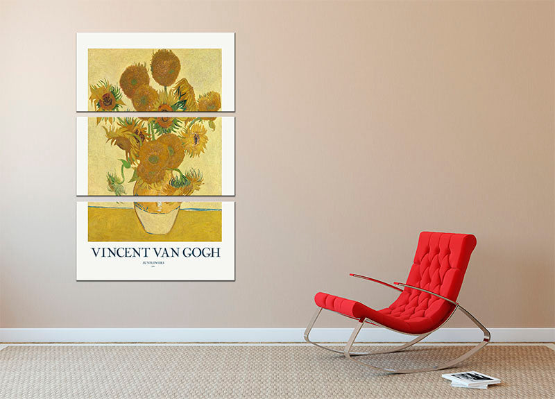 Three-panel canvas print featuring vibrant sunflowers, elegantly arranged for wall decor.