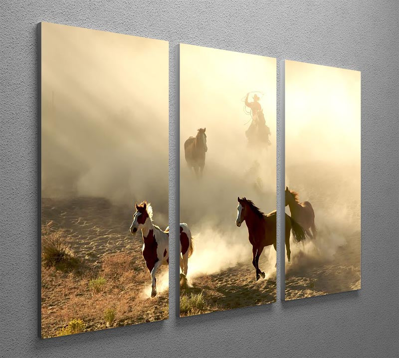A beautiful 3-panel canvas print featuring sunlight horses and a cowboy, showcasing vibrant colors and intricate details.