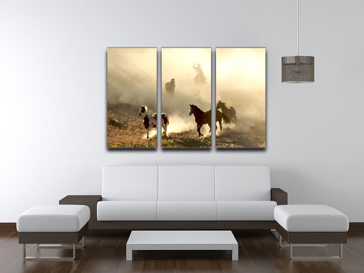 A beautiful 3-panel canvas print featuring sunlight horses and a cowboy, showcasing vibrant colors and intricate details.