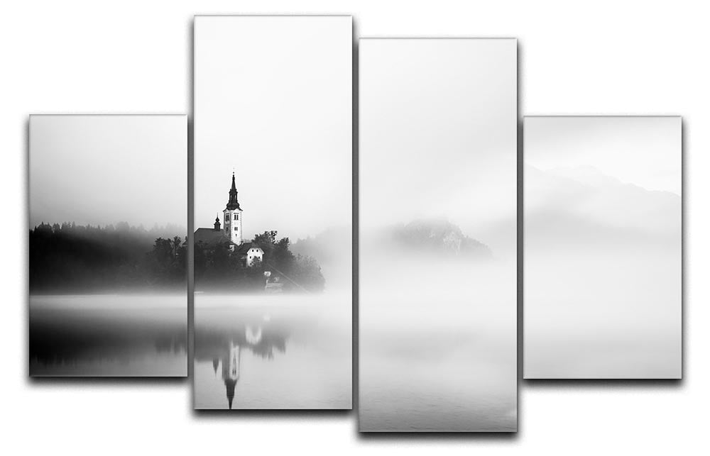 A beautiful 4-split canvas artwork depicting a serene sunrise over Lake Bled, showcasing vibrant colors and tranquil scenery.