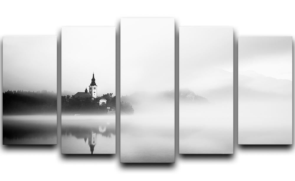 A beautiful 5-split canvas artwork depicting a serene sunrise over Lake Bled, showcasing vibrant colors and stunning natural scenery.