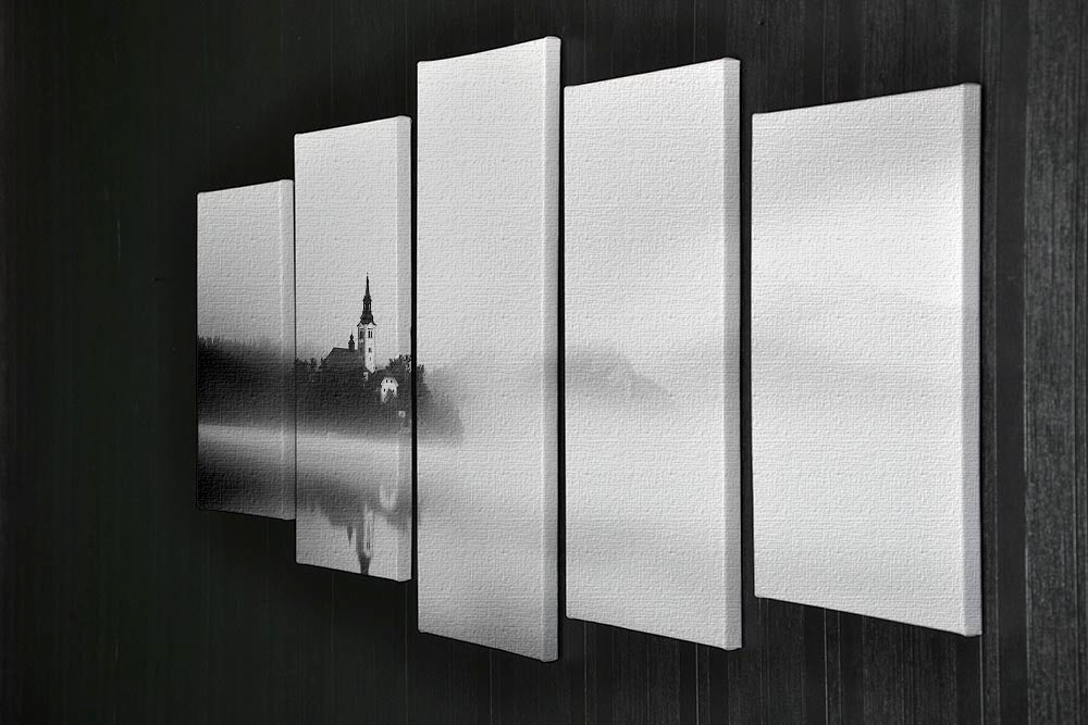 A beautiful 5-split canvas artwork depicting a serene sunrise over Lake Bled, showcasing vibrant colors and stunning natural scenery.