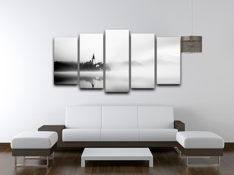 A beautiful 5-split canvas artwork depicting a serene sunrise over Lake Bled, showcasing vibrant colors and stunning natural scenery.