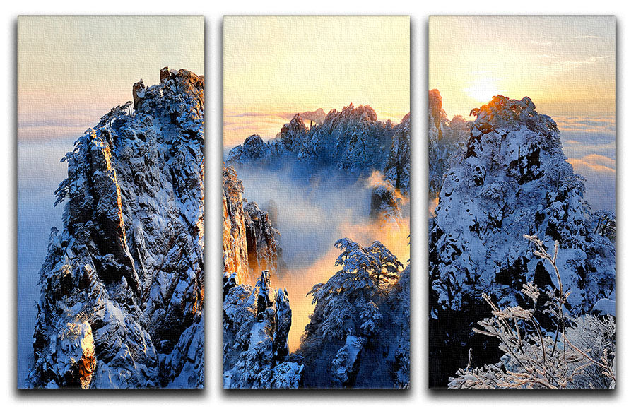 A stunning 3-panel canvas print depicting a sunrise at Mt Huang Shan, showcasing vibrant colors and serene landscapes.