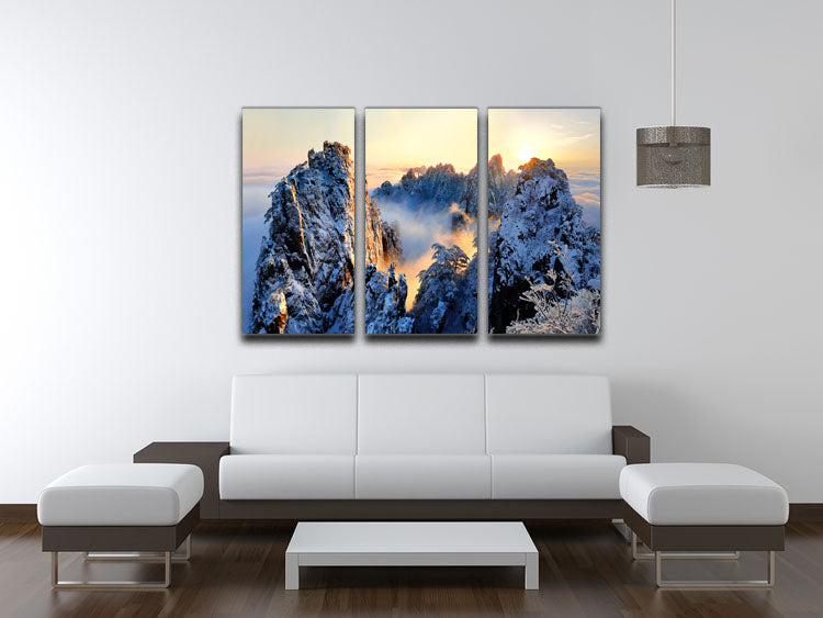 A stunning 3-panel canvas print depicting a sunrise at Mt Huang Shan, showcasing vibrant colors and serene landscapes.