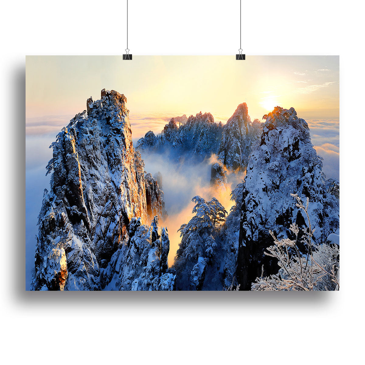 A beautiful canvas print of Sunrise At Mt Huang Shan, showcasing vibrant colors and majestic mountain scenery.