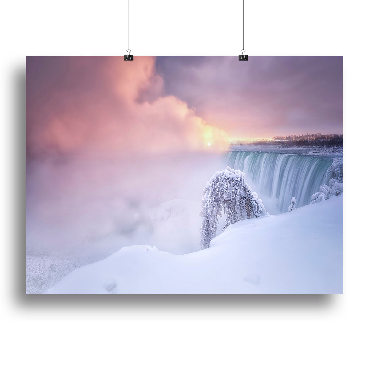A beautiful canvas print of Sunrise At Niagara Falls, showcasing vibrant colors and stunning natural scenery.