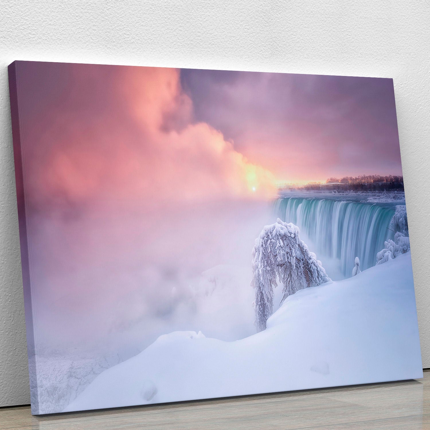 A beautiful canvas print of Sunrise At Niagara Falls, showcasing vibrant colors and stunning natural scenery.