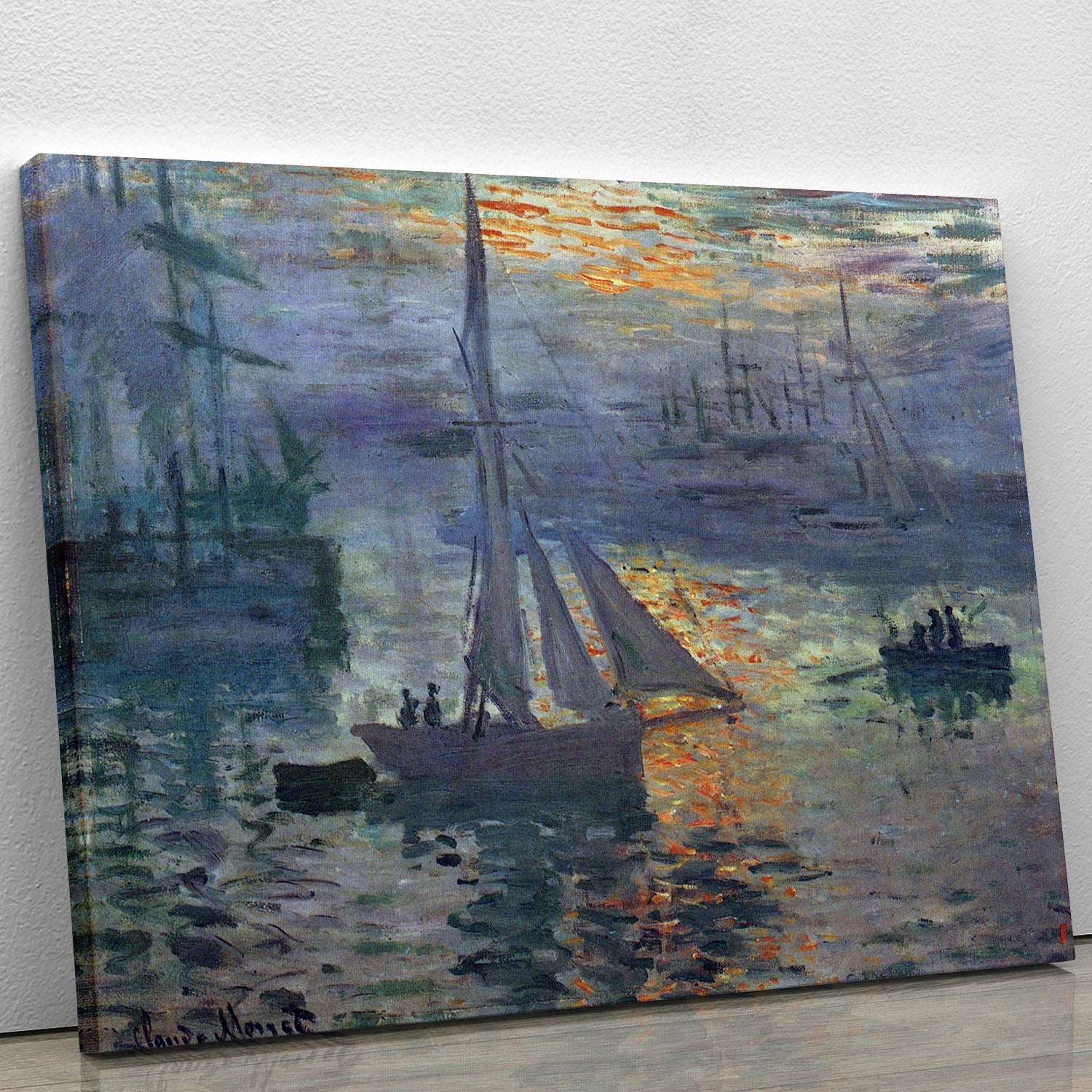 Canvas print of Sunrise at Sea by Monet, showcasing vibrant colors and serene ocean sunrise.