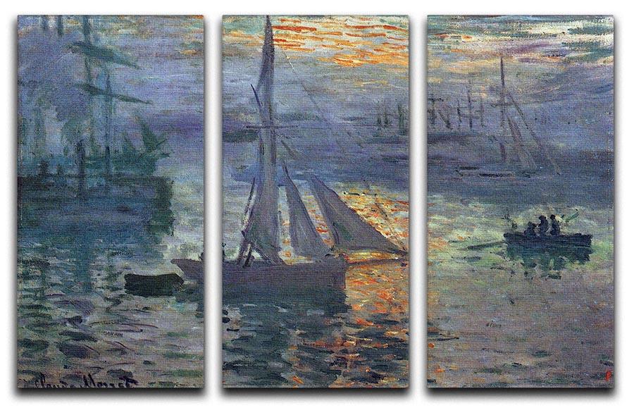 A beautiful split panel canvas print of Monet's Sunrise at Sea, showcasing vibrant colors and intricate details across three panels.