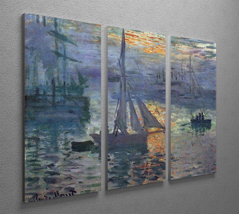 A beautiful split panel canvas print of Monet's Sunrise at Sea, showcasing vibrant colors and intricate details across three panels.