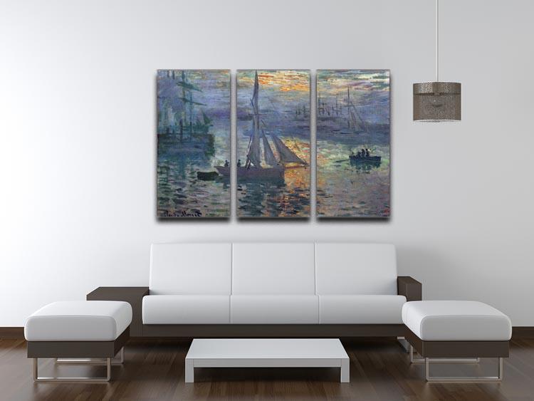 A beautiful split panel canvas print of Monet's Sunrise at Sea, showcasing vibrant colors and intricate details across three panels.