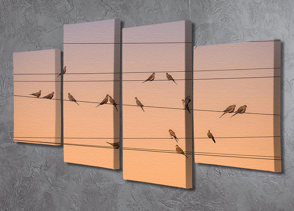 A vibrant 4-panel canvas artwork depicting birds at sunrise, showcasing dynamic colors and intricate details.