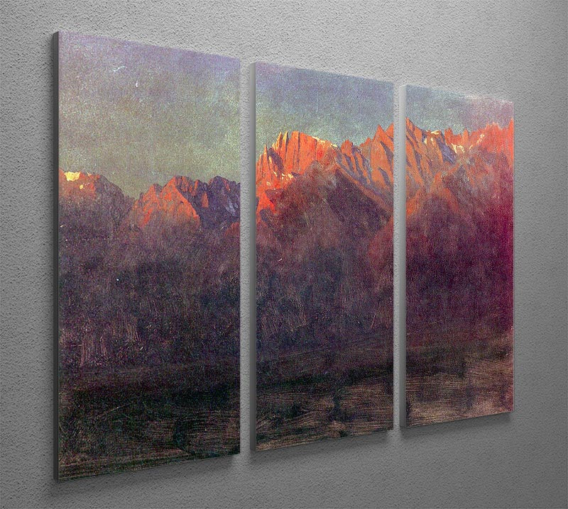 Three-panel canvas print of Sunrise in the Sierras by Bierstadt, showcasing a beautiful landscape with mountains and a vibrant sky.