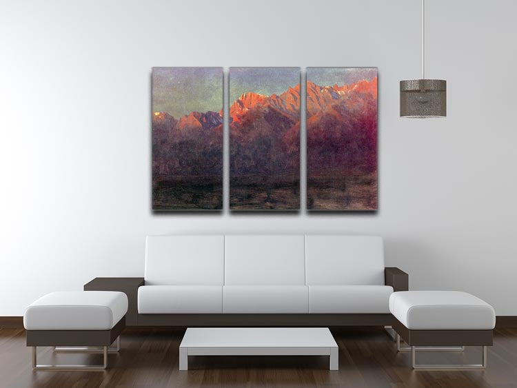 Three-panel canvas print of Sunrise in the Sierras by Bierstadt, showcasing a beautiful landscape with mountains and a vibrant sky.
