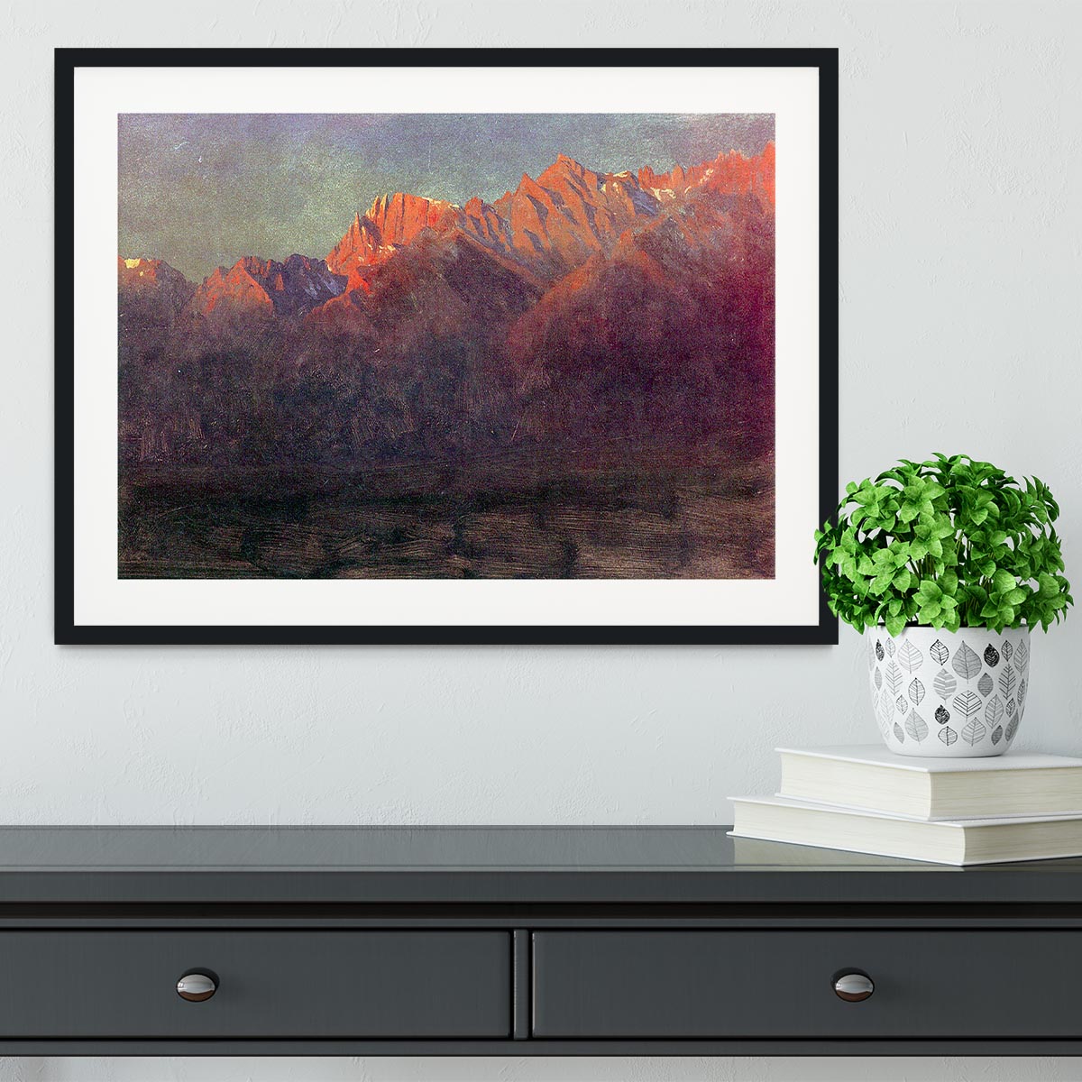 Framed print of 'Sunrise in the Sierras' by Bierstadt, showcasing vibrant colors and intricate details.
