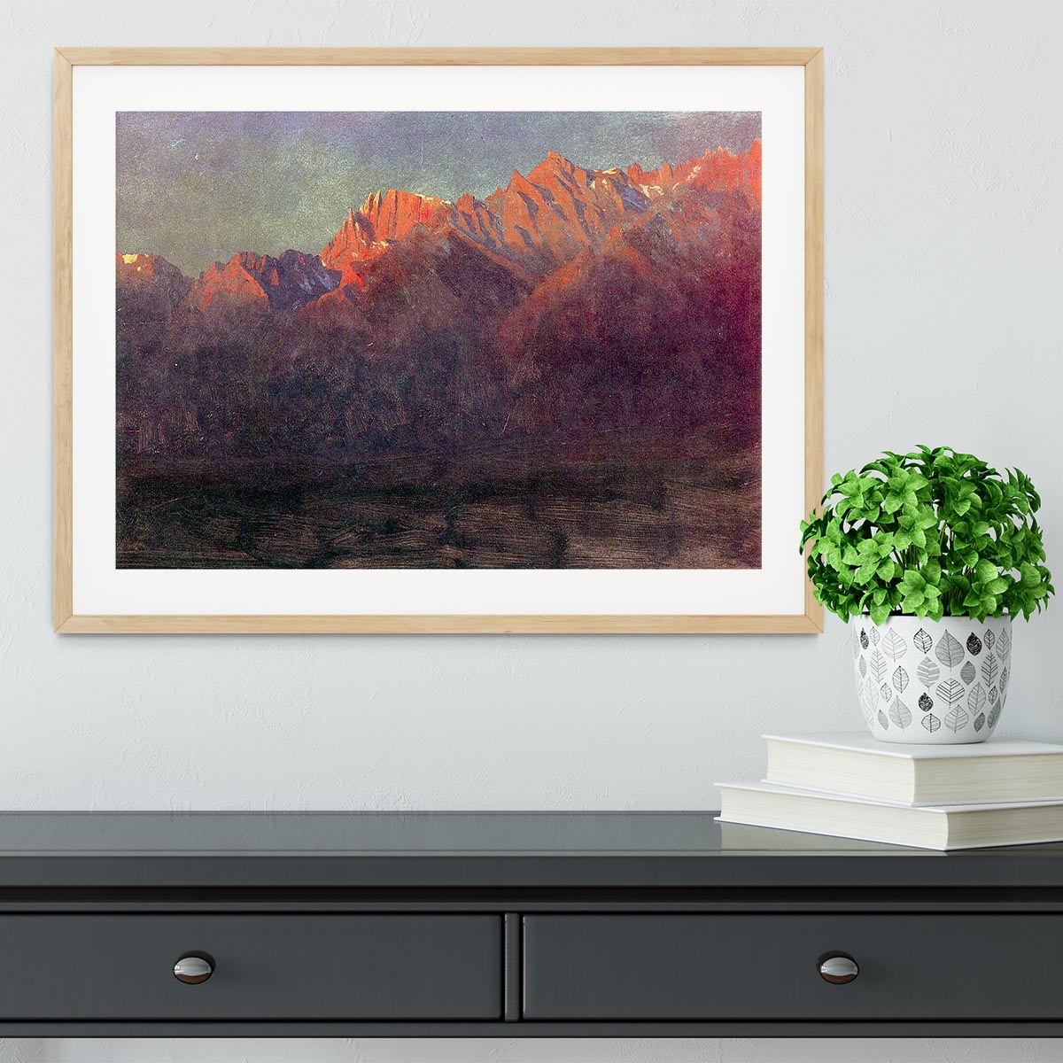 Framed print of 'Sunrise in the Sierras' by Bierstadt, showcasing vibrant colors and intricate details.