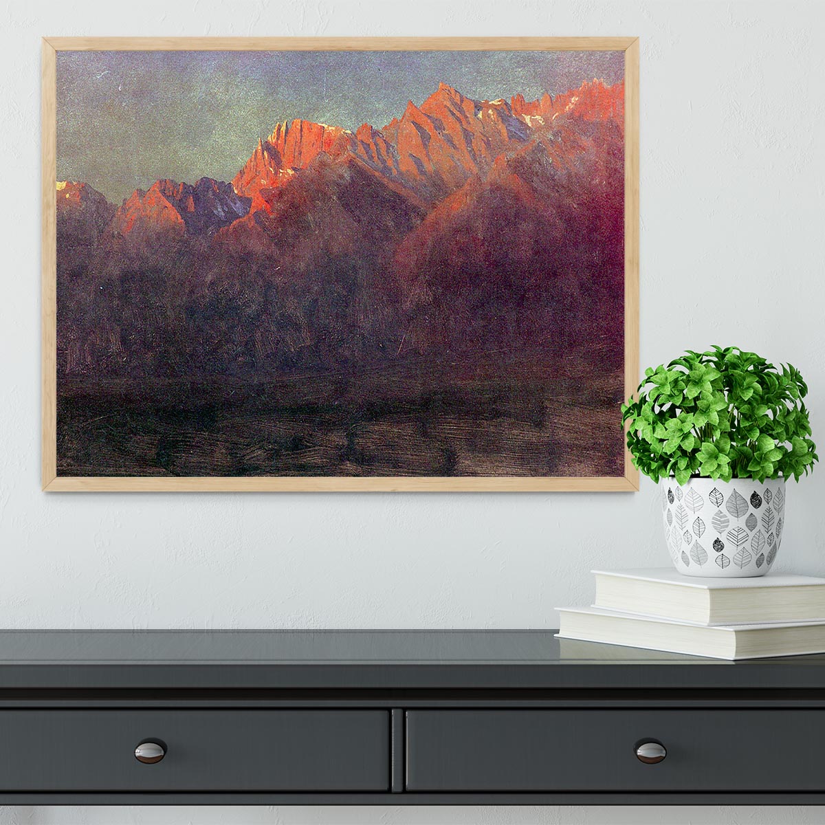 Framed print of 'Sunrise in the Sierras' by Bierstadt, showcasing vibrant colors and intricate details.
