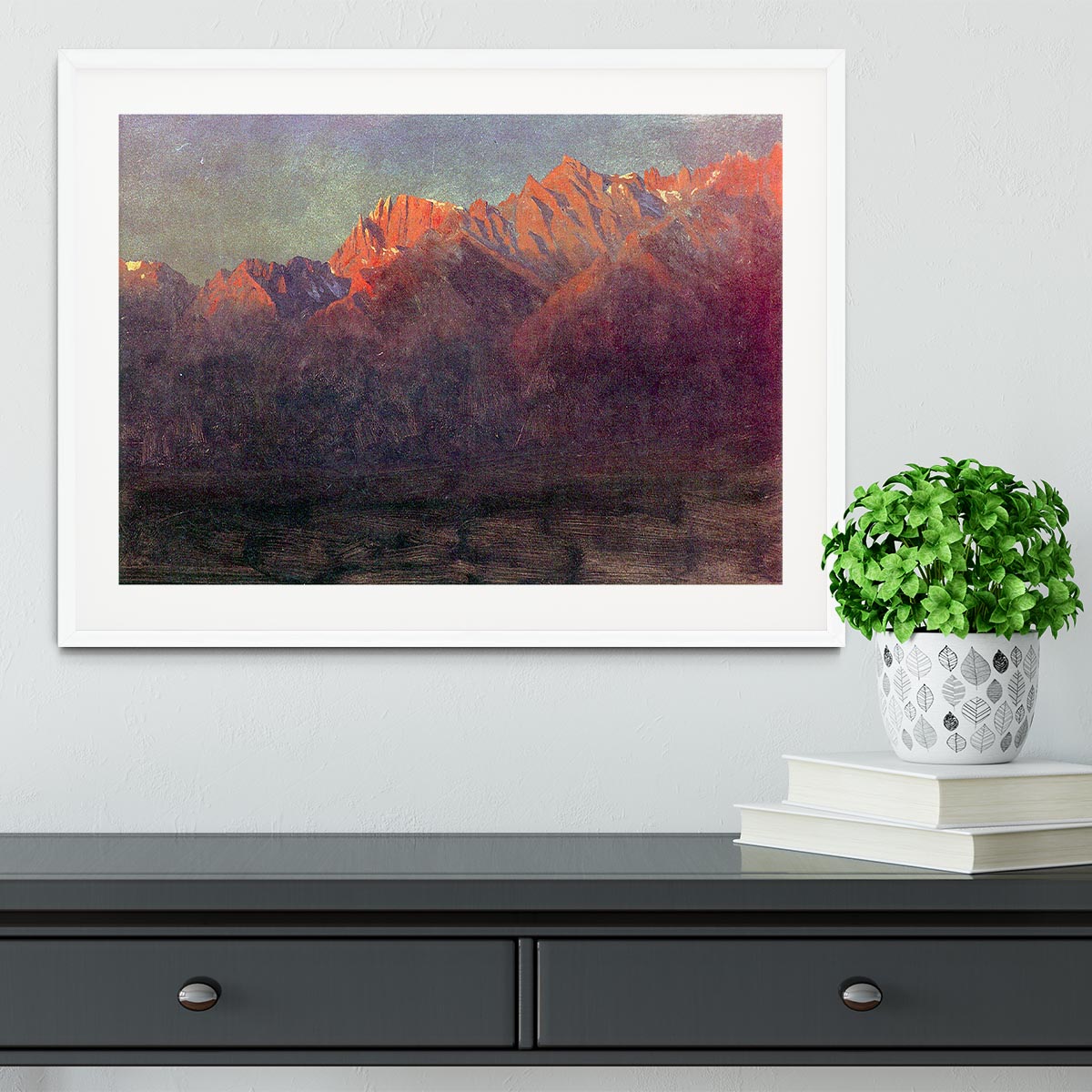 Framed print of 'Sunrise in the Sierras' by Bierstadt, showcasing vibrant colors and intricate details.