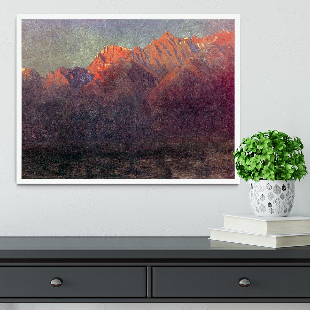 Framed print of 'Sunrise in the Sierras' by Bierstadt, showcasing vibrant colors and intricate details.