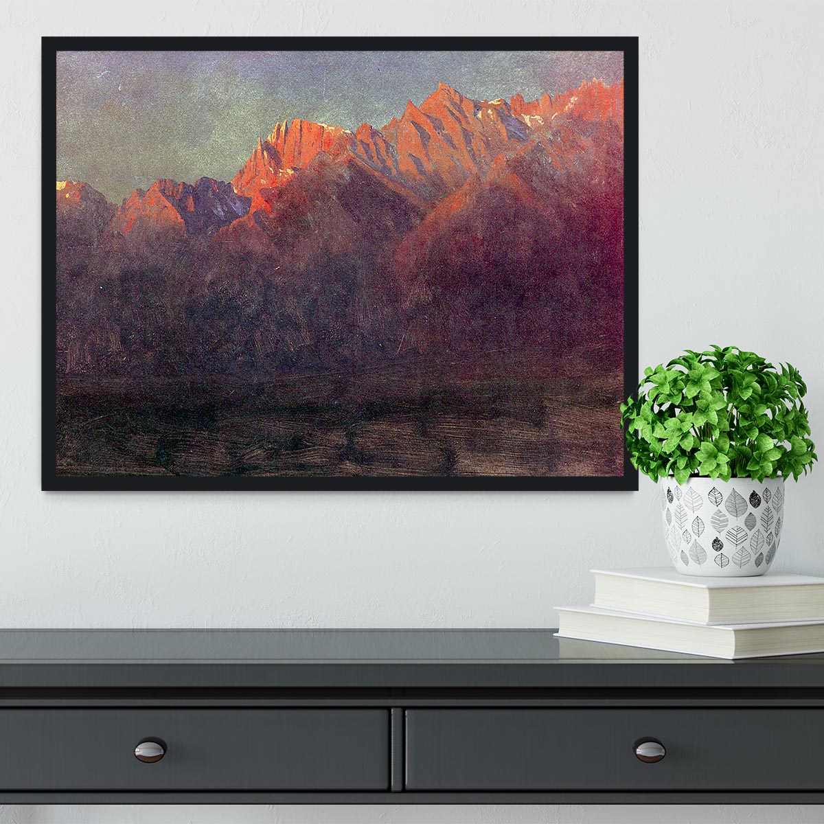 Framed print of 'Sunrise in the Sierras' by Bierstadt, showcasing vibrant colors and intricate details.
