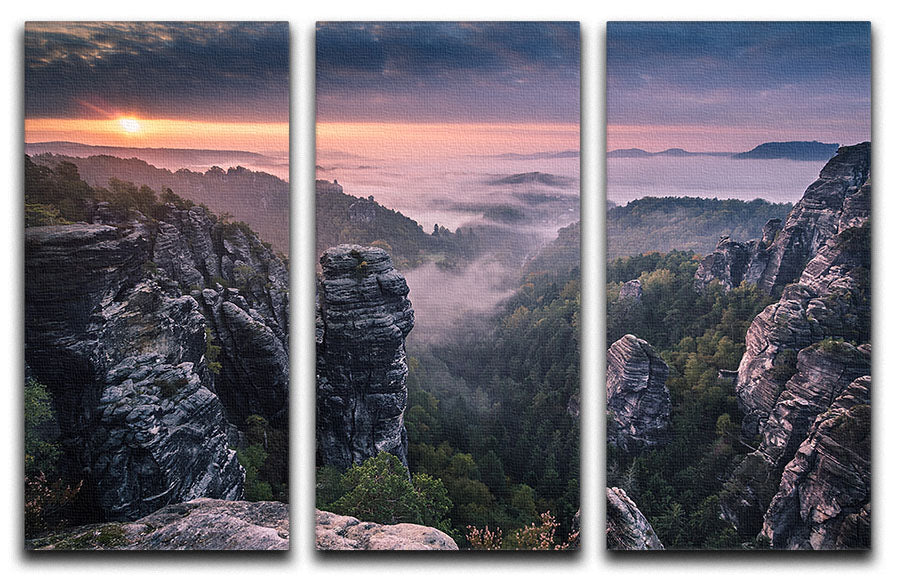 Sunrise On The Rocks 3 Split Panel Canvas Print showcasing vibrant colors and serene landscape, perfect for home decor.