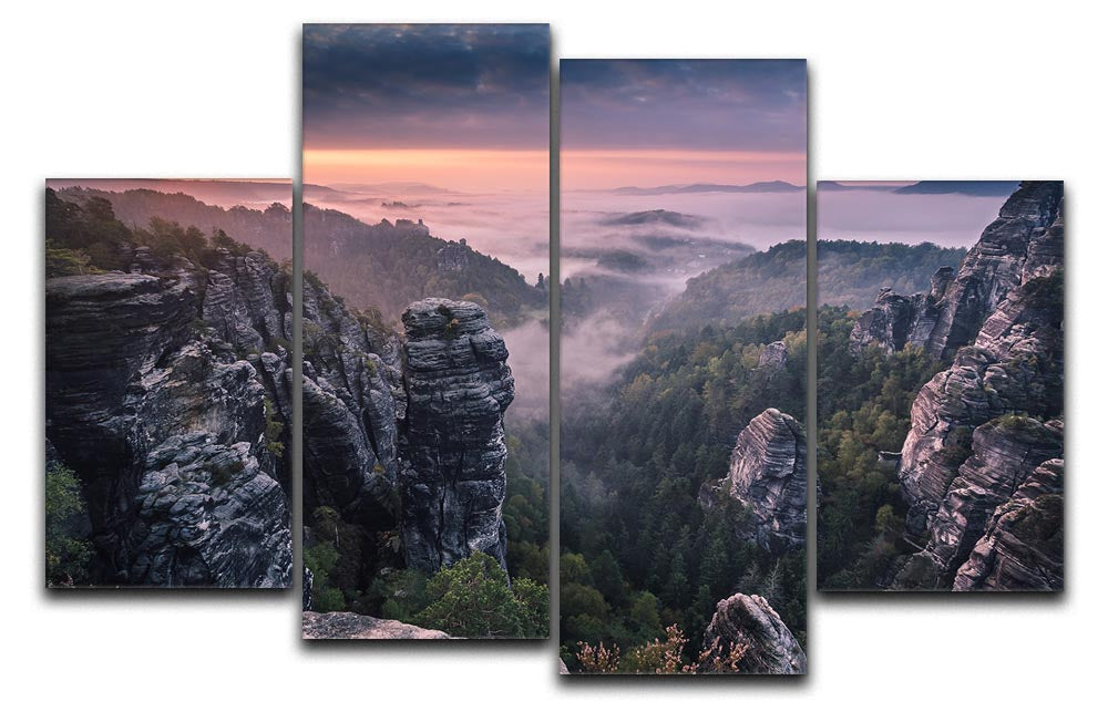 A vibrant 4-split canvas artwork depicting a serene sunrise over rocky terrain, showcasing warm colors and dynamic design.