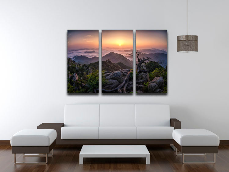 A beautiful 3-panel canvas print depicting a vibrant sunrise over a serene landscape, perfect for home decor.