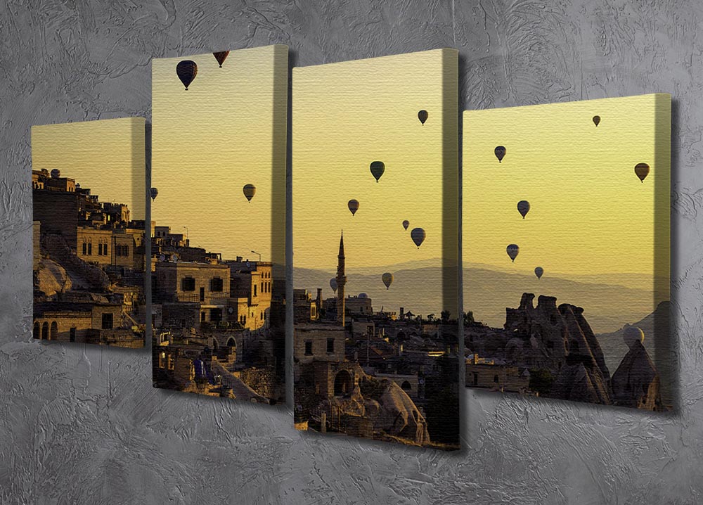 A beautiful 4-panel canvas artwork depicting a vibrant sunrise over Cappadocia's unique rock formations.