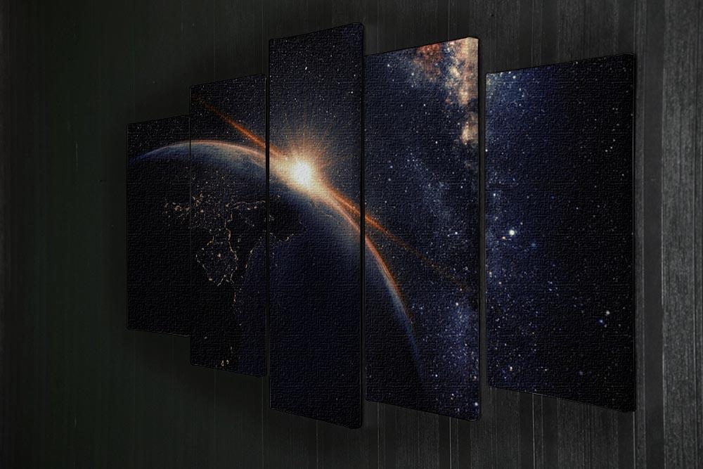 A stunning 5-panel canvas artwork depicting a vibrant sunrise seen from space, showcasing rich colors and dynamic design.