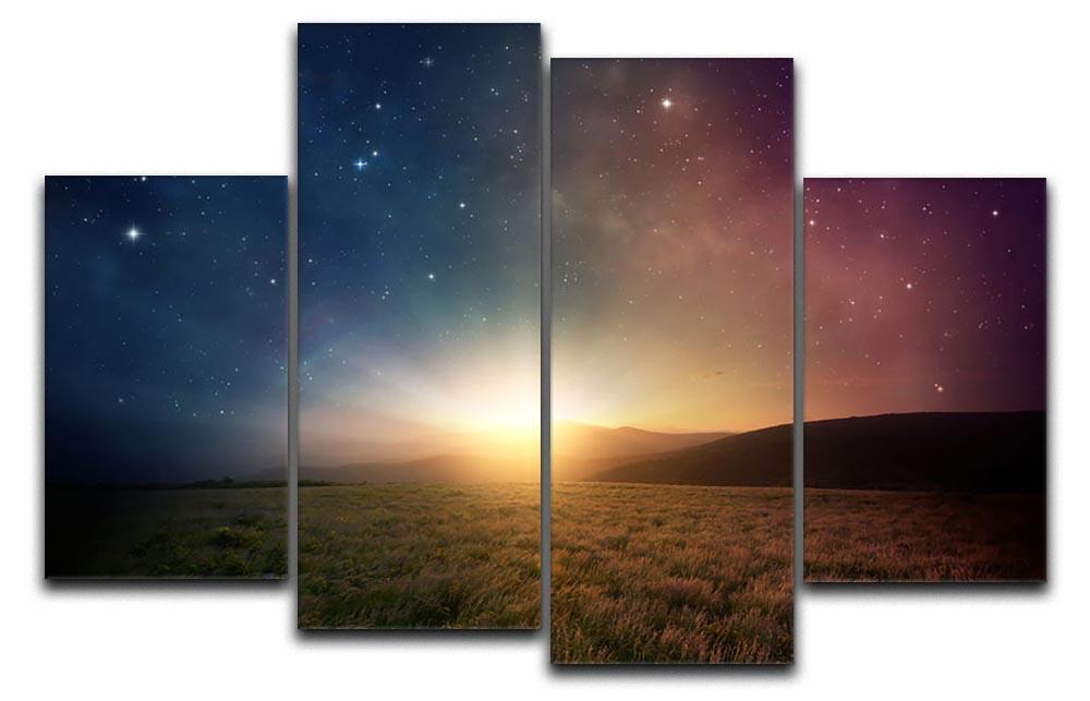 A beautiful 4 split panel canvas artwork featuring a sunrise with stars and a galaxy, creating a stunning visual effect.