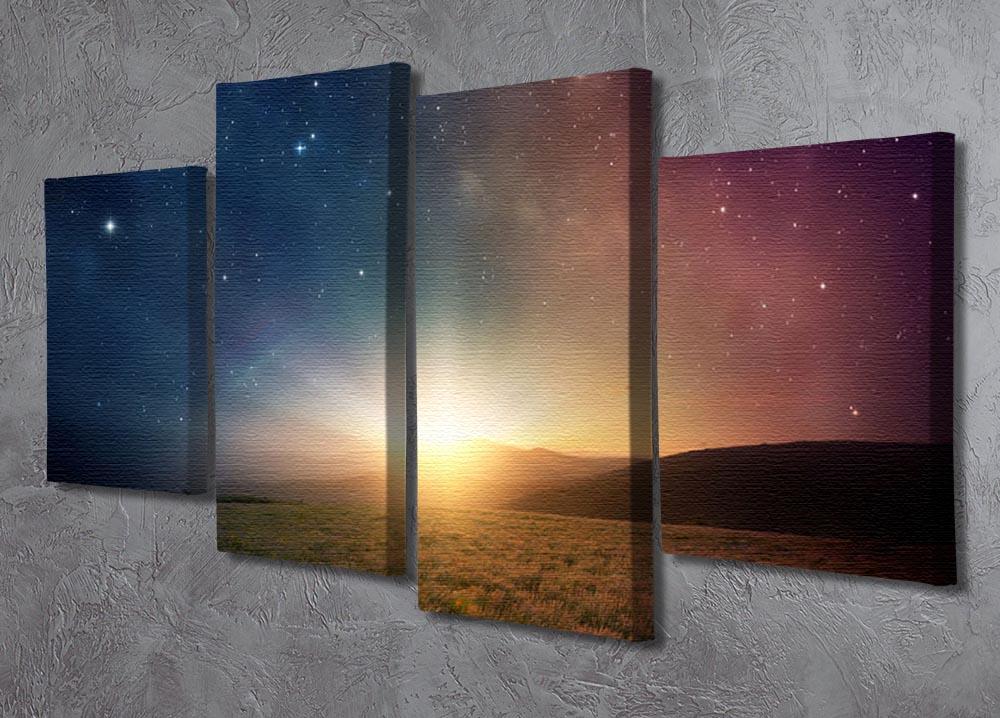 A beautiful 4 split panel canvas artwork featuring a sunrise with stars and a galaxy, creating a stunning visual effect.