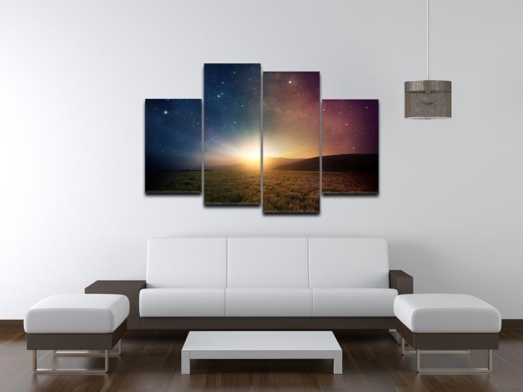 A beautiful 4 split panel canvas artwork featuring a sunrise with stars and a galaxy, creating a stunning visual effect.