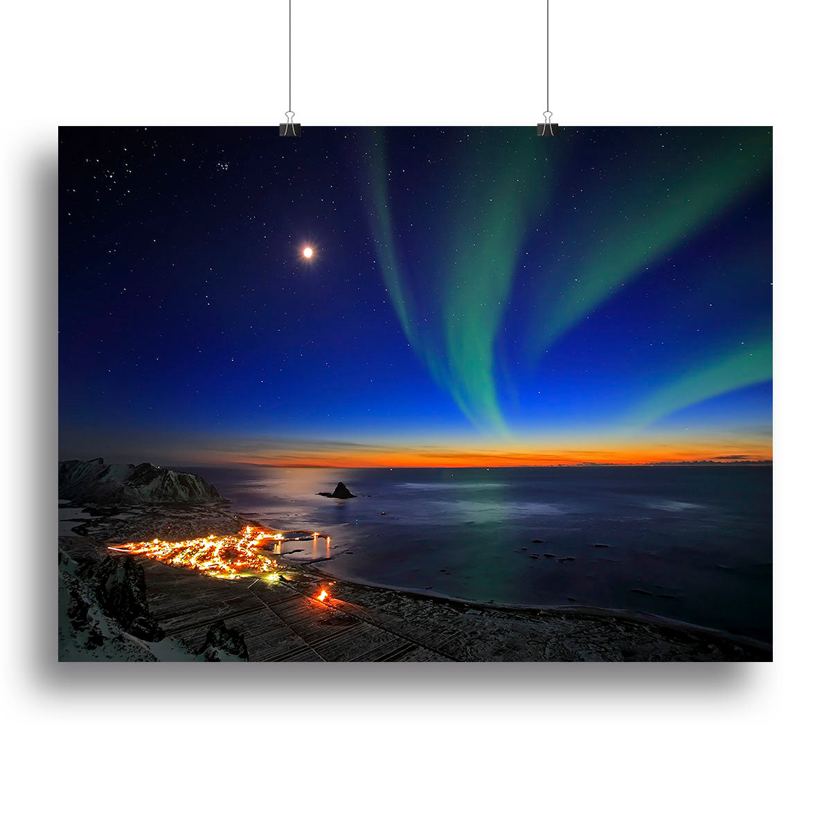 A beautiful canvas print of a sunset over Bleik, showcasing vibrant colors and serene landscape, perfect for home decor.