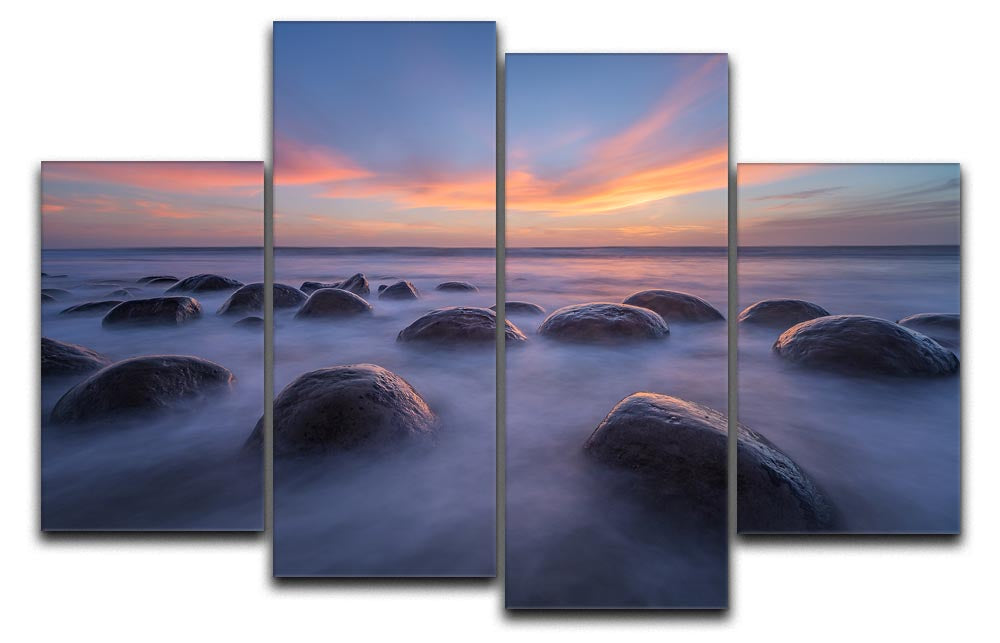 A beautiful sunset over Bowling Ball Beach displayed on a 4-split canvas, showcasing vibrant colors and dynamic design.