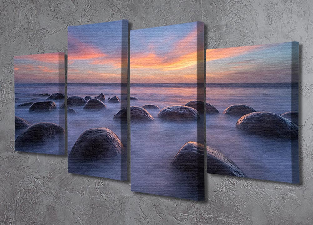 A beautiful sunset over Bowling Ball Beach displayed on a 4-split canvas, showcasing vibrant colors and dynamic design.