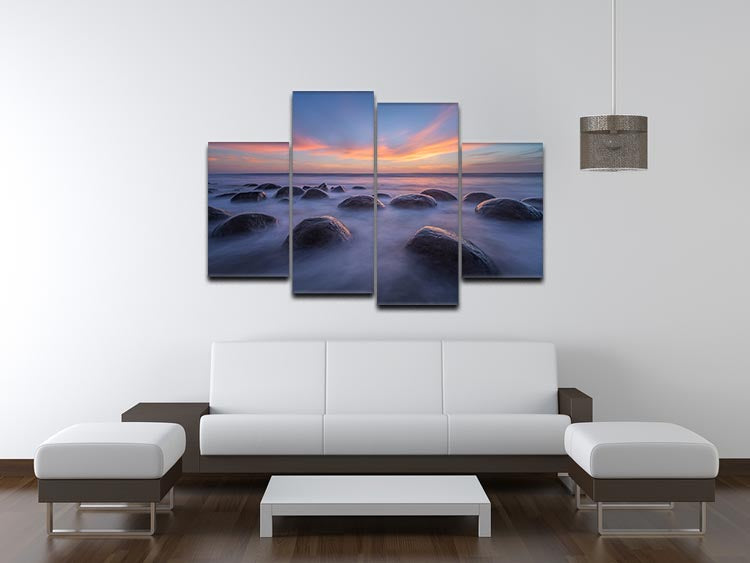 A beautiful sunset over Bowling Ball Beach displayed on a 4-split canvas, showcasing vibrant colors and dynamic design.