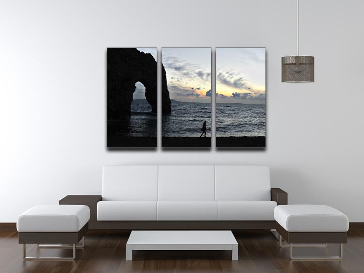 A stunning 3-panel canvas print depicting the Sunset at Durdle Door, showcasing vibrant colors and natural beauty.
