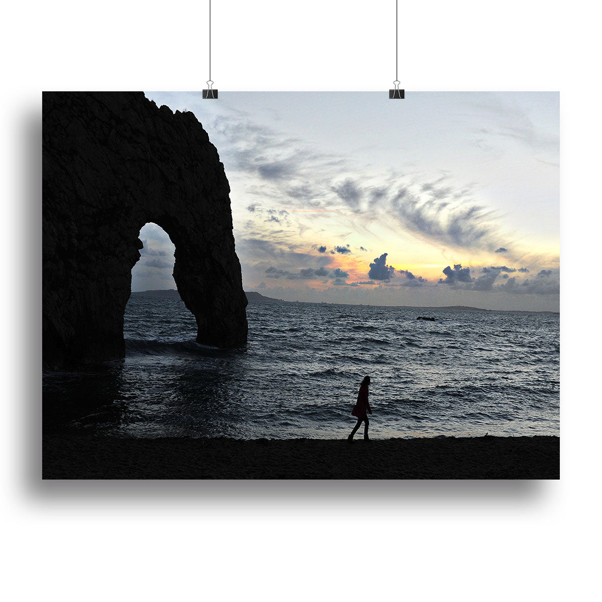 A beautiful canvas print of the sunset at Durdle Door, showcasing vibrant colors and natural beauty.