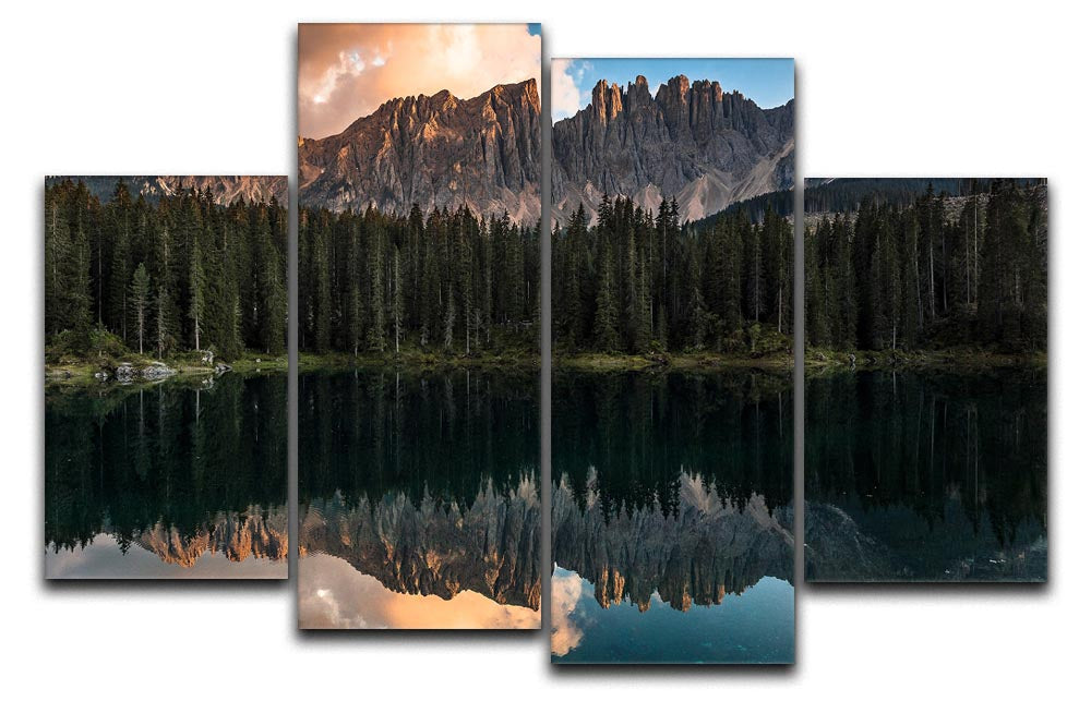 A beautiful sunset over Lake Carezza, displayed as a 4 split panel canvas artwork, showcasing vibrant colors and serene reflections.