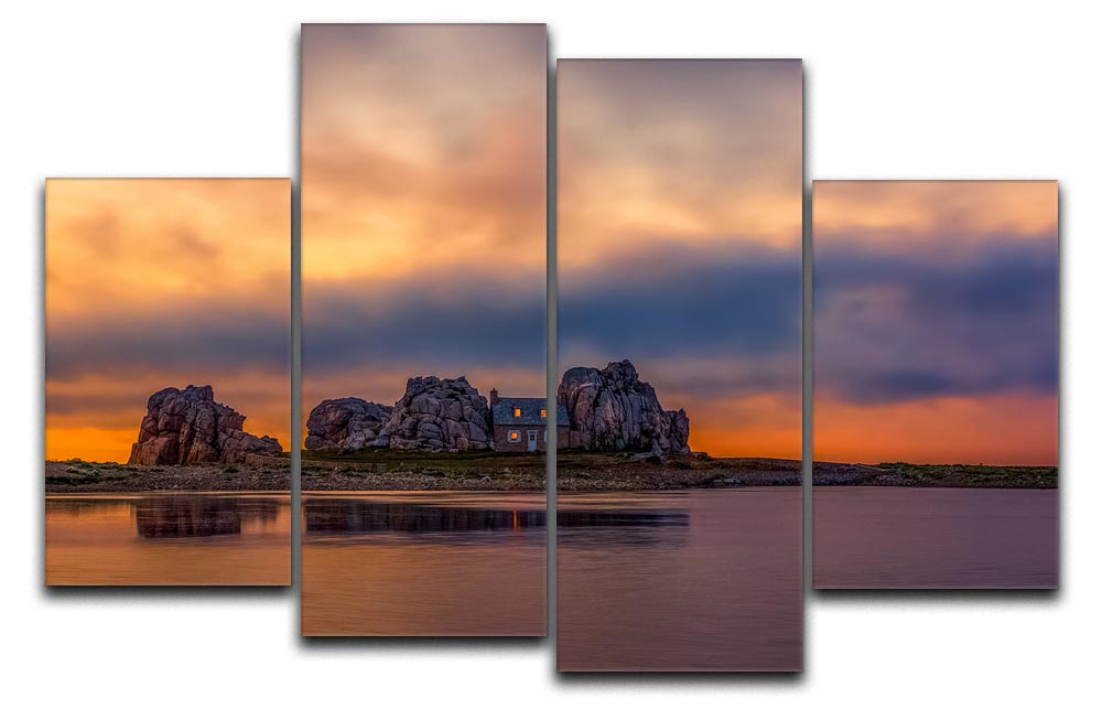 A stunning 4-split canvas artwork depicting a vibrant sunset over Plougrescant, featuring rich colors and intricate details across four panels.