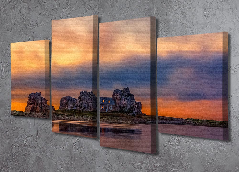 A stunning 4-split canvas artwork depicting a vibrant sunset over Plougrescant, featuring rich colors and intricate details across four panels.