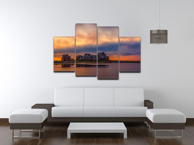A stunning 4-split canvas artwork depicting a vibrant sunset over Plougrescant, featuring rich colors and intricate details across four panels.