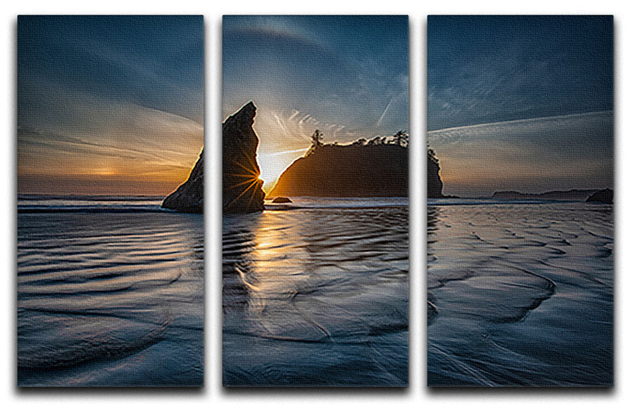 A stunning 3-panel canvas print depicting a sunset at Ruby Beach, showcasing vibrant colors and serene ocean waves.