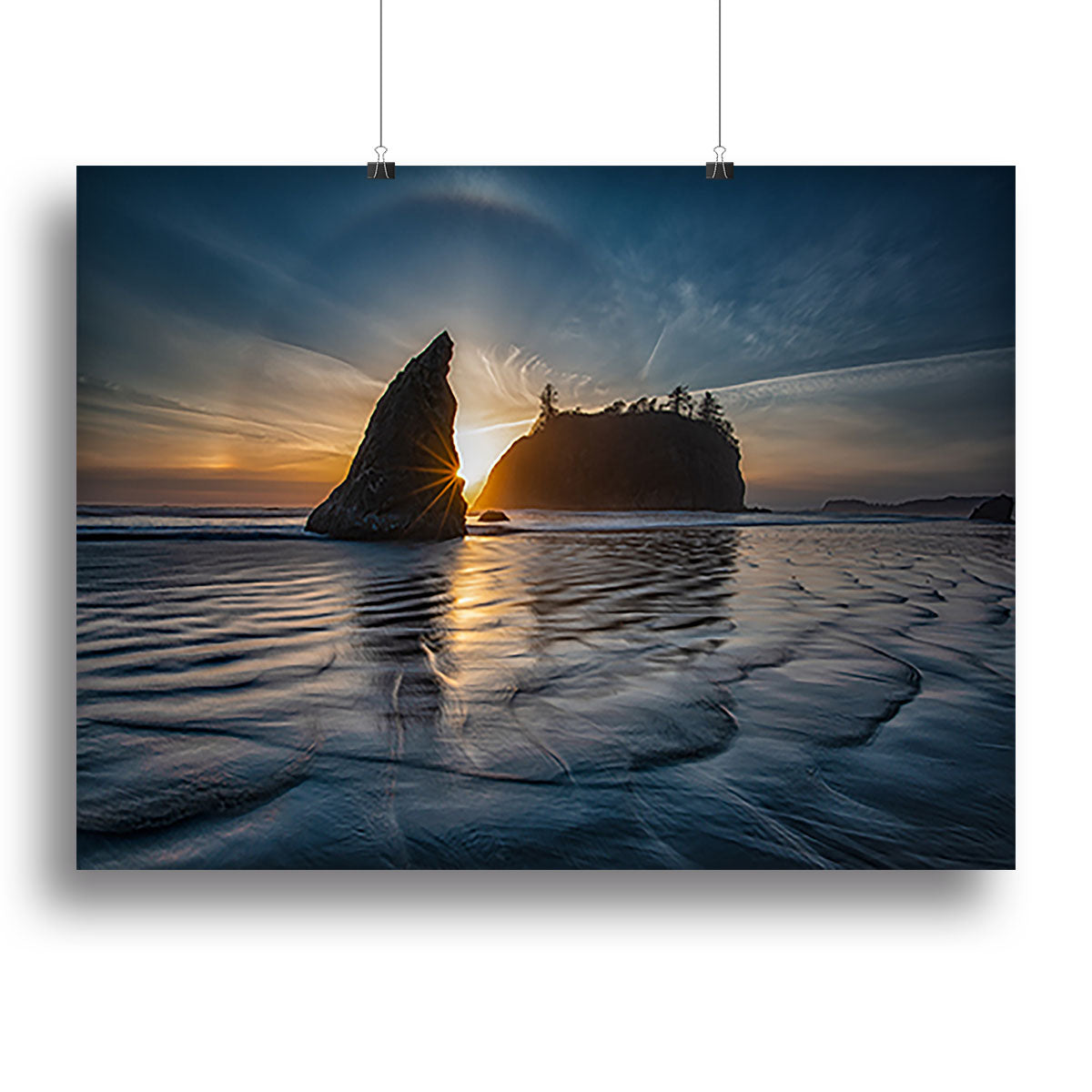 A beautiful canvas print of a sunset at Ruby Beach, showcasing vibrant colors and serene ocean waves.