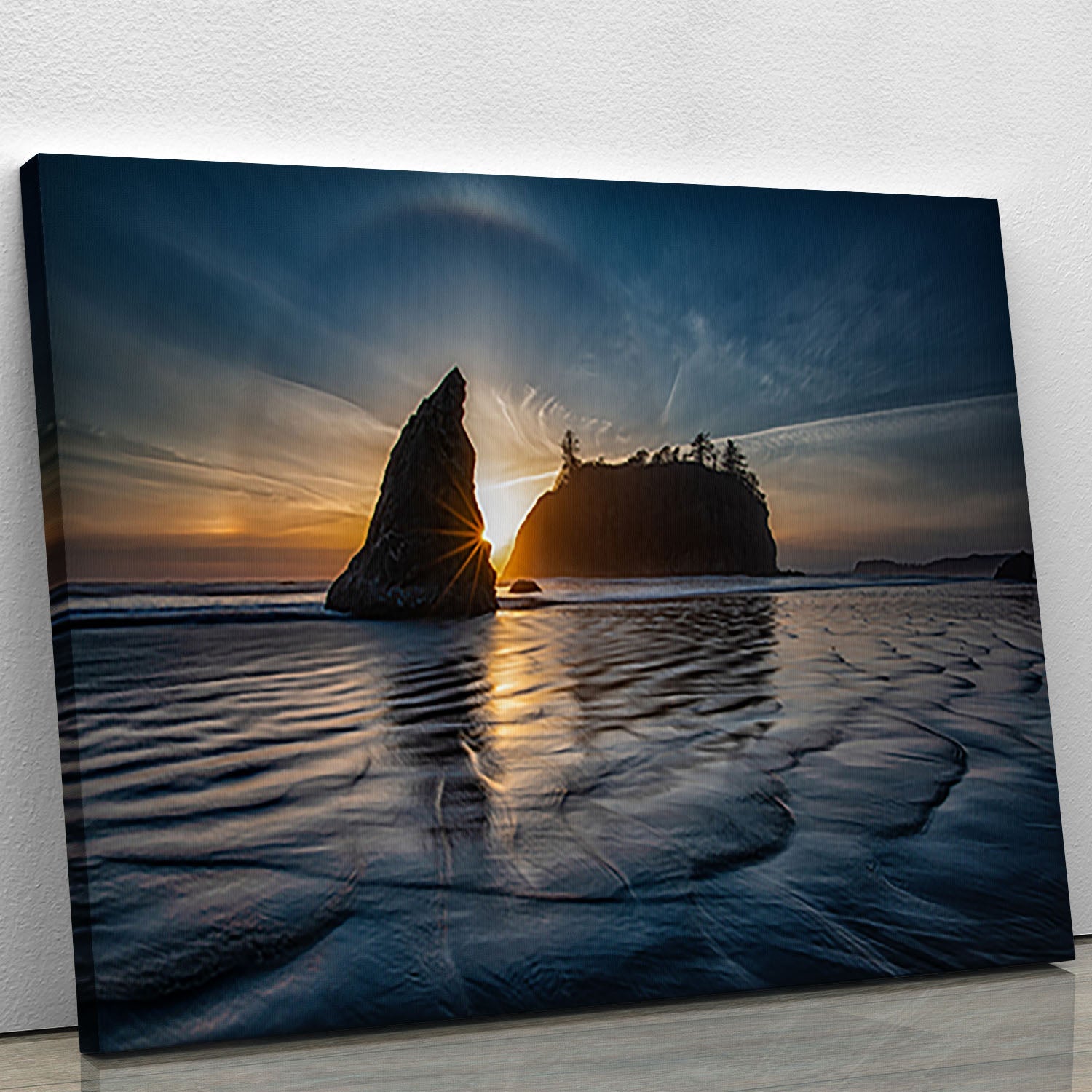 A beautiful canvas print of a sunset at Ruby Beach, showcasing vibrant colors and serene ocean waves.
