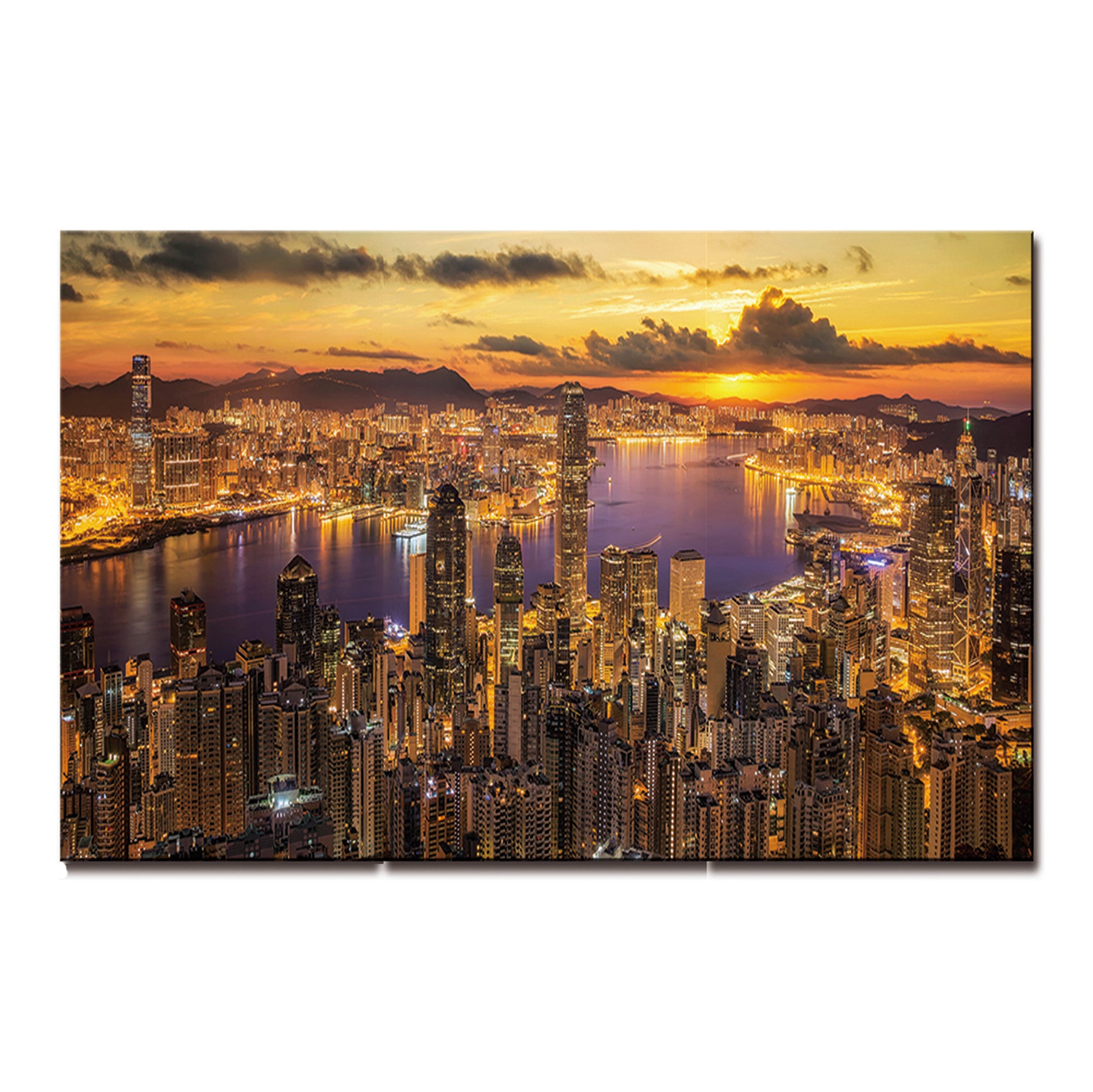 Acrylic wall art featuring a vibrant sunset over a city skyline, framed elegantly for modern decor.