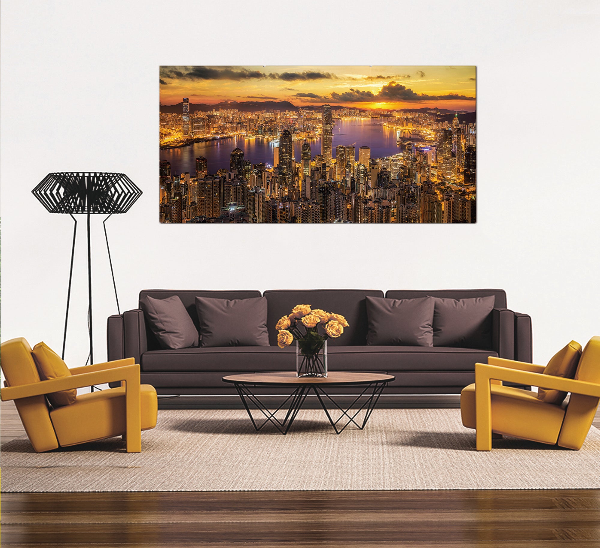 Acrylic wall art featuring a vibrant sunset over a city skyline, framed elegantly for modern decor.